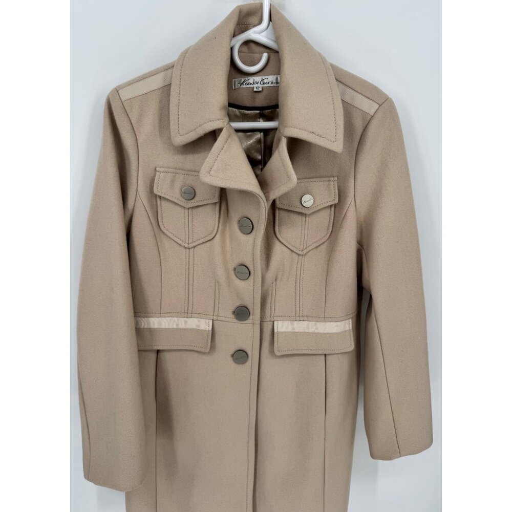 Vintage Beige Button-Up Wool Blend Coat With Pockets & Satin Lining